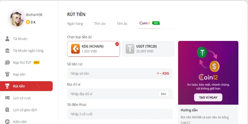 Rút tiền May88 quy định mỗi giao dịch phải có số tiền tối thiểu là 200.000 VNĐ